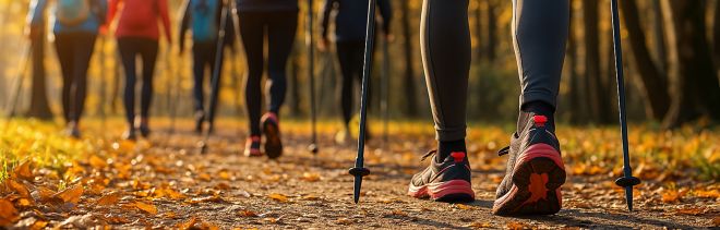 Laufgruppe mit Walking-Stöcken in einem herbstlichen Wald unterwegs