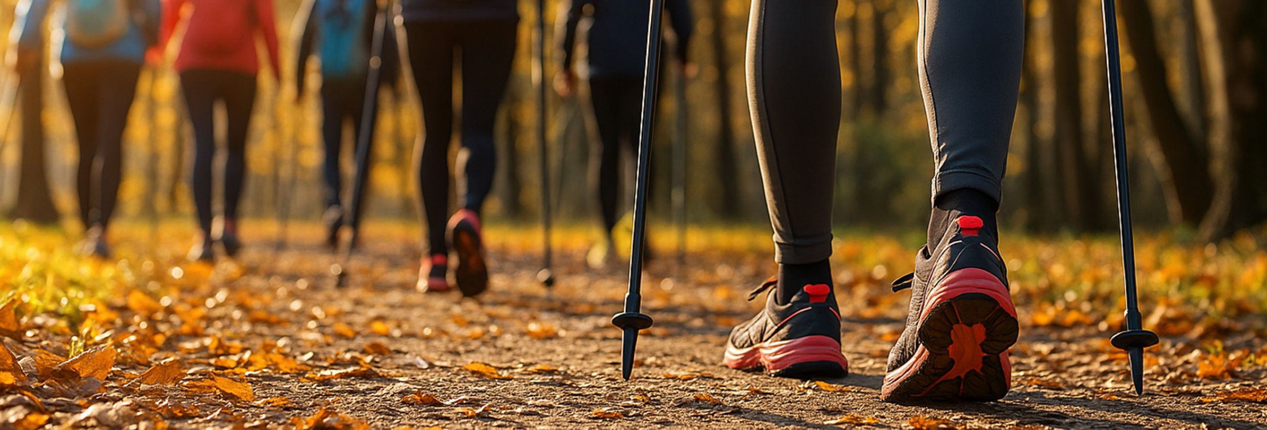 Laufgruppe mit Walking-Stöcken in einem herbstlichen Wald unterwegs