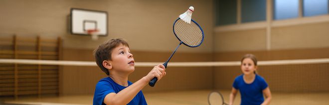 2 Kinder während eines Badmintonspiels in einer Turnhalle
