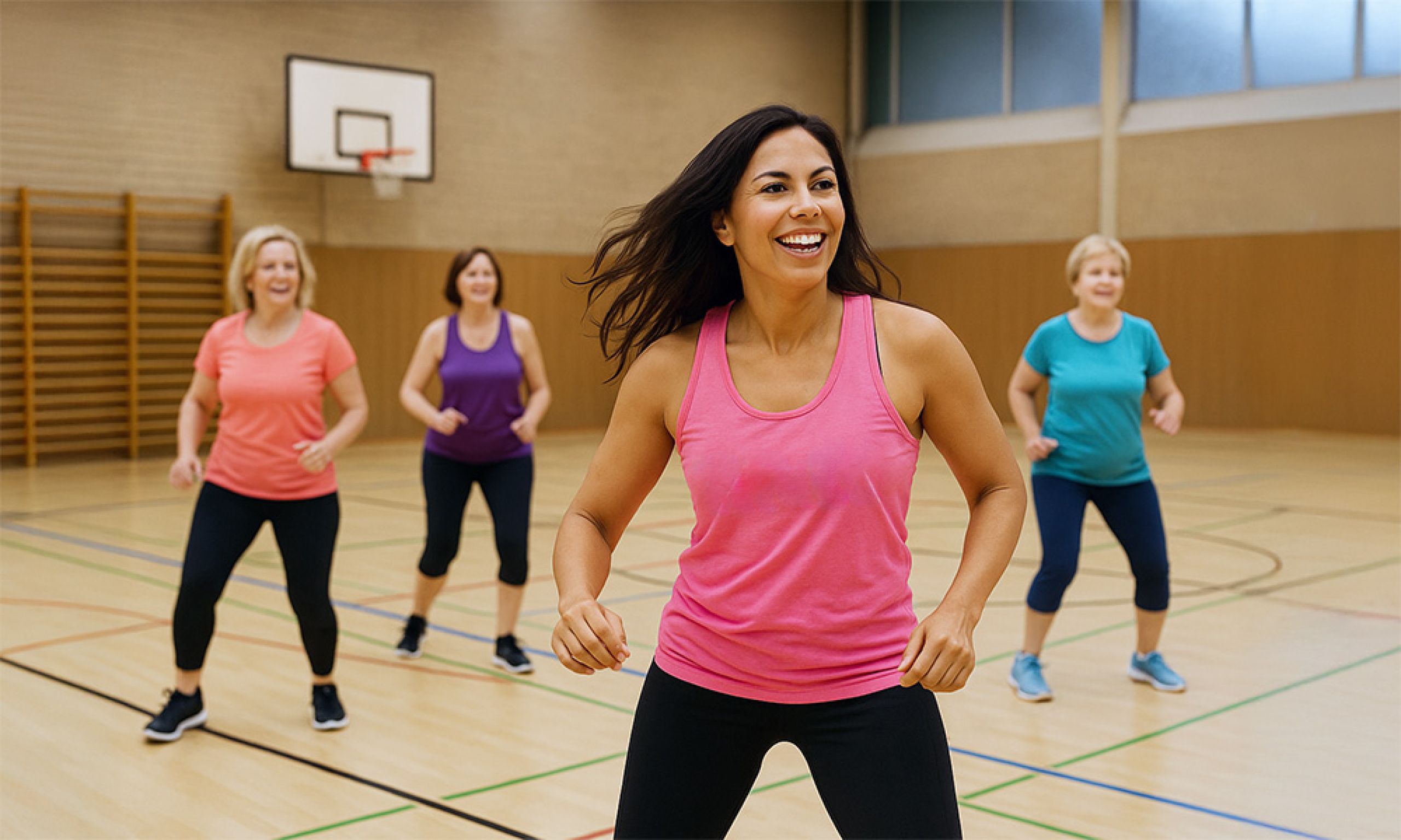 tanzende, sportlich gekleidete Frauen in einer Sporthalle