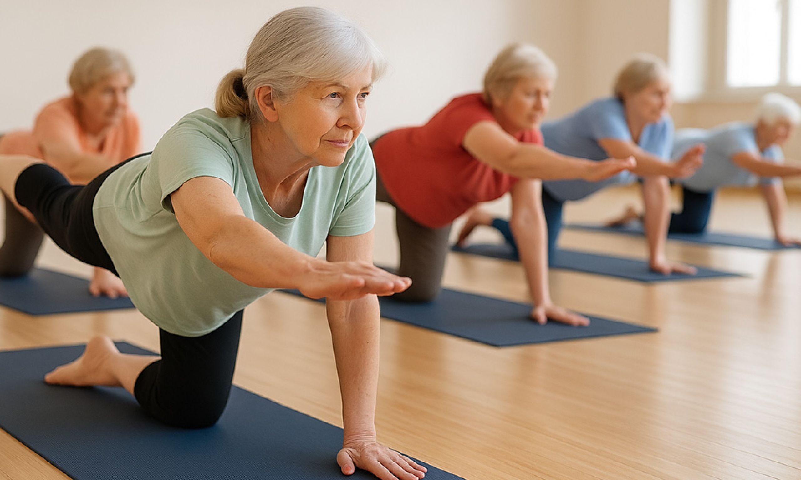 Mehrere ältere Damen bei der Ausführung einer Gymnastikübung in einer Sporthalle