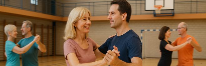 3 tanzende Paare während eines Gesellschaftstanzkurses in einer Turnhalle