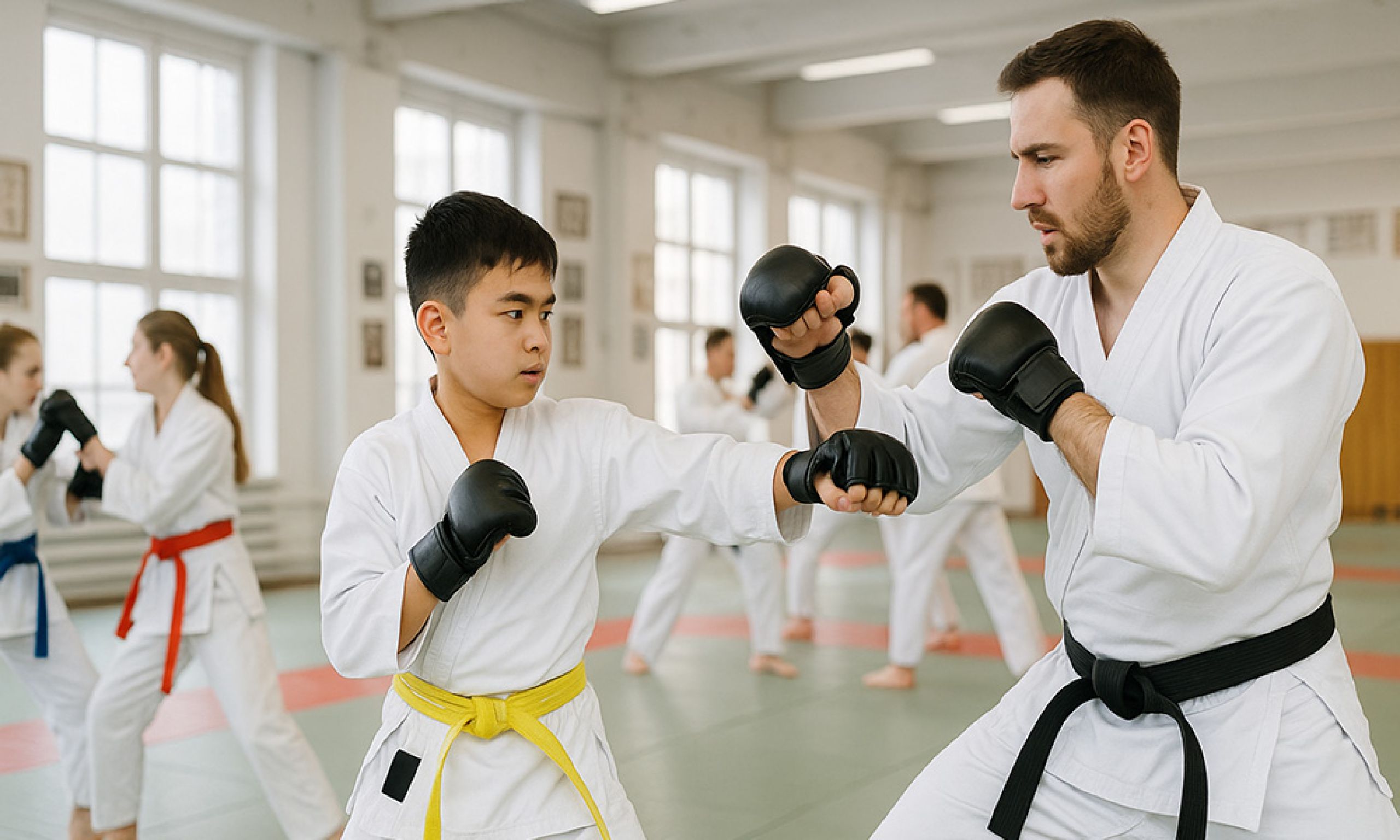 Ju-Jutsu-Trainingssituation mit Trainer und Kind.