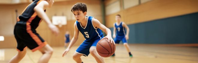 Zweikampf zweier Jugendlicher während eines Baskettballspiels