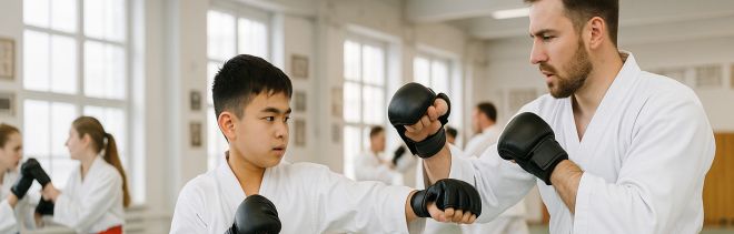 Ju-Jutsu-Trainingssituation mit Trainer und Kind.