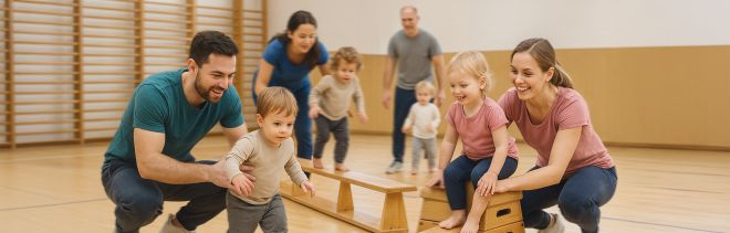 Eltern und Kinder gemeinsam beim Eltern-Kindturnen in einer Sporthalle