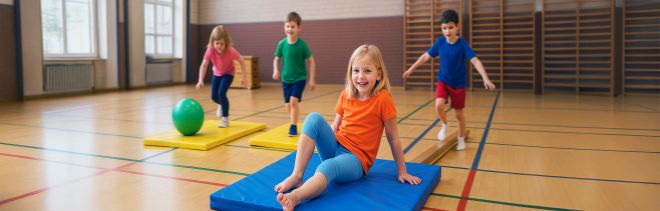 spielende Kinder auf Matten in einer Turnhalle