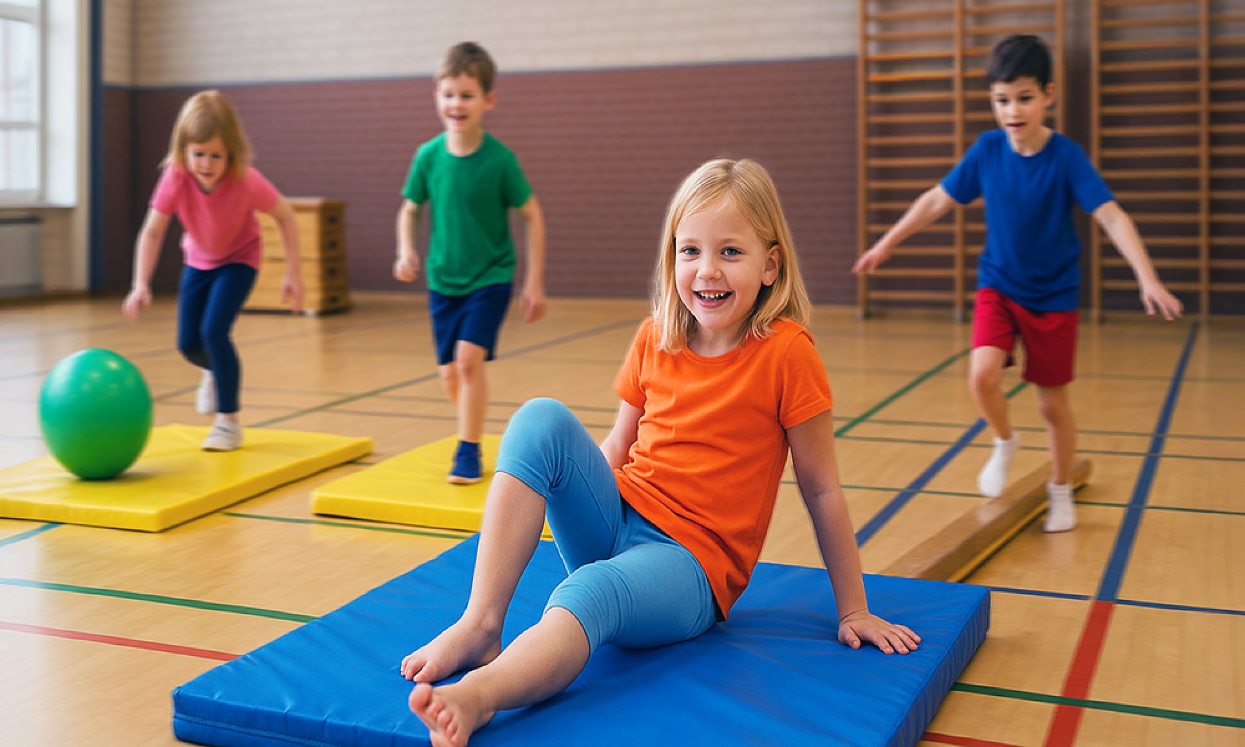 spielende Kinder auf Matten in einer Turnhalle
