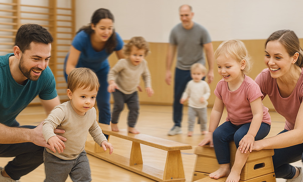 Eltern und Kinder gemeinsam beim Eltern-Kindturnen in einer Sporthalle
