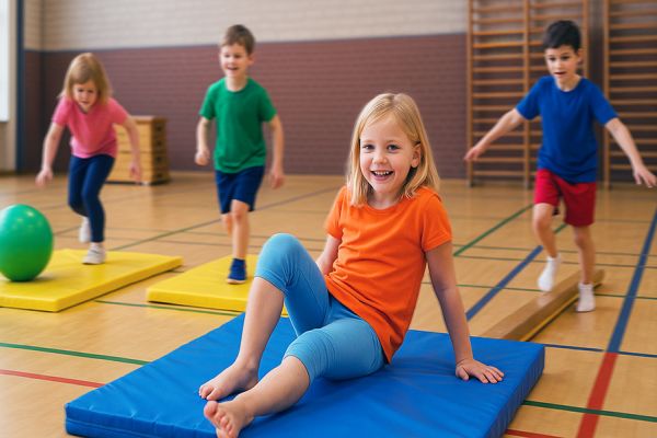 spielende Kinder auf Matten in einer Turnhalle