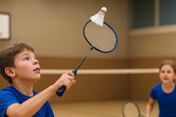 2 Kinder während eines Badmintonspiels in einer Turnhalle