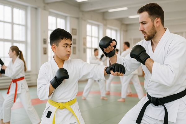 Ju-Jutsu-Trainingssituation mit Trainer und Kind.