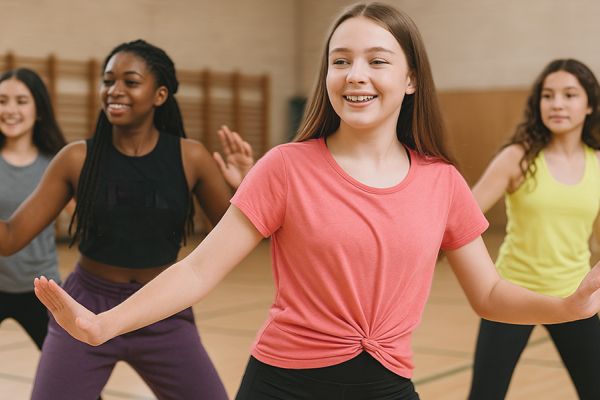 Jugendliche beim Hip-Hop-Tanztraining in Turnhalle.